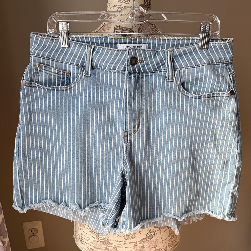 Judy Blue Blue and White Vertical Striped Fray Jean Shorts